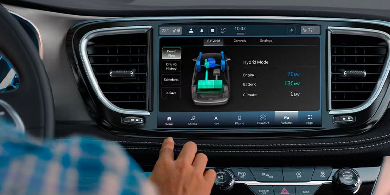 Chrysler Pacifica infotainment touchscreen displaying hybrid vehicle information, including battery status, power flow