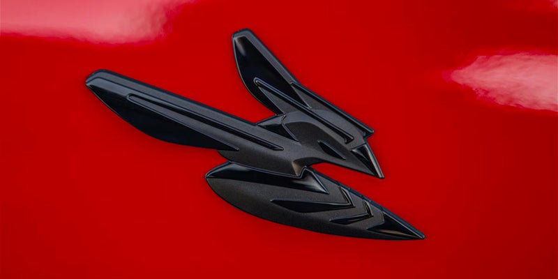 Close-up of the black Hornet emblem mounted on the red exterior body panel of a Dodge Hornet.