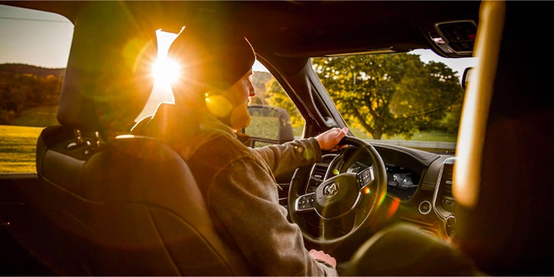 Man driving a truck from inside, sunlight flares through the driver's window from a golden outdoor landscape.