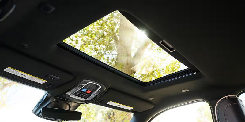Looking up through an open car sunroof at green trees and bright sunlight.